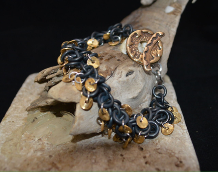 Black Titanium Shaggy Chainmaille Bracelet with Gold Wavy Beads.  