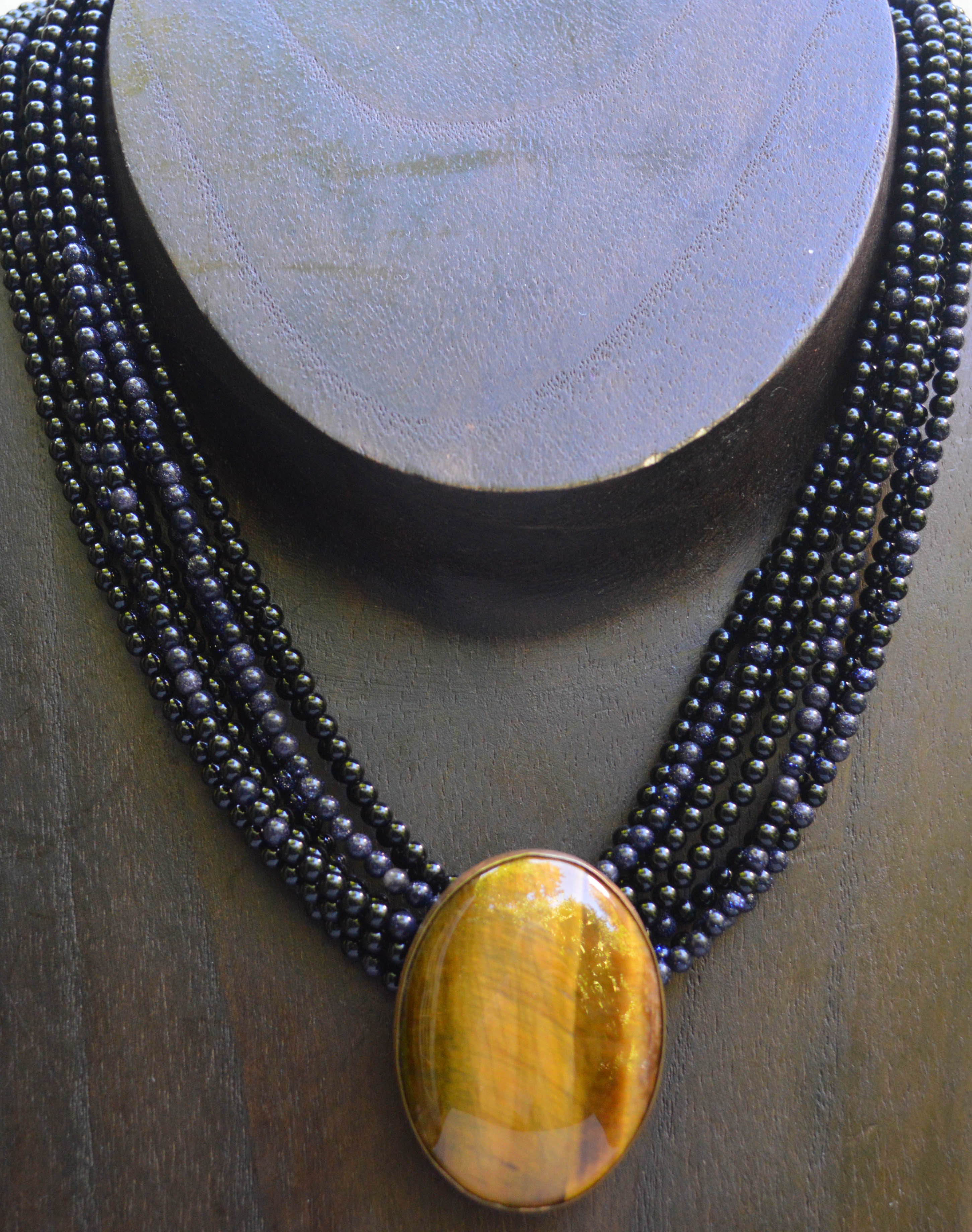 Blue GoldStone Multistrand Necklace with Tigers Eye Cabouchon