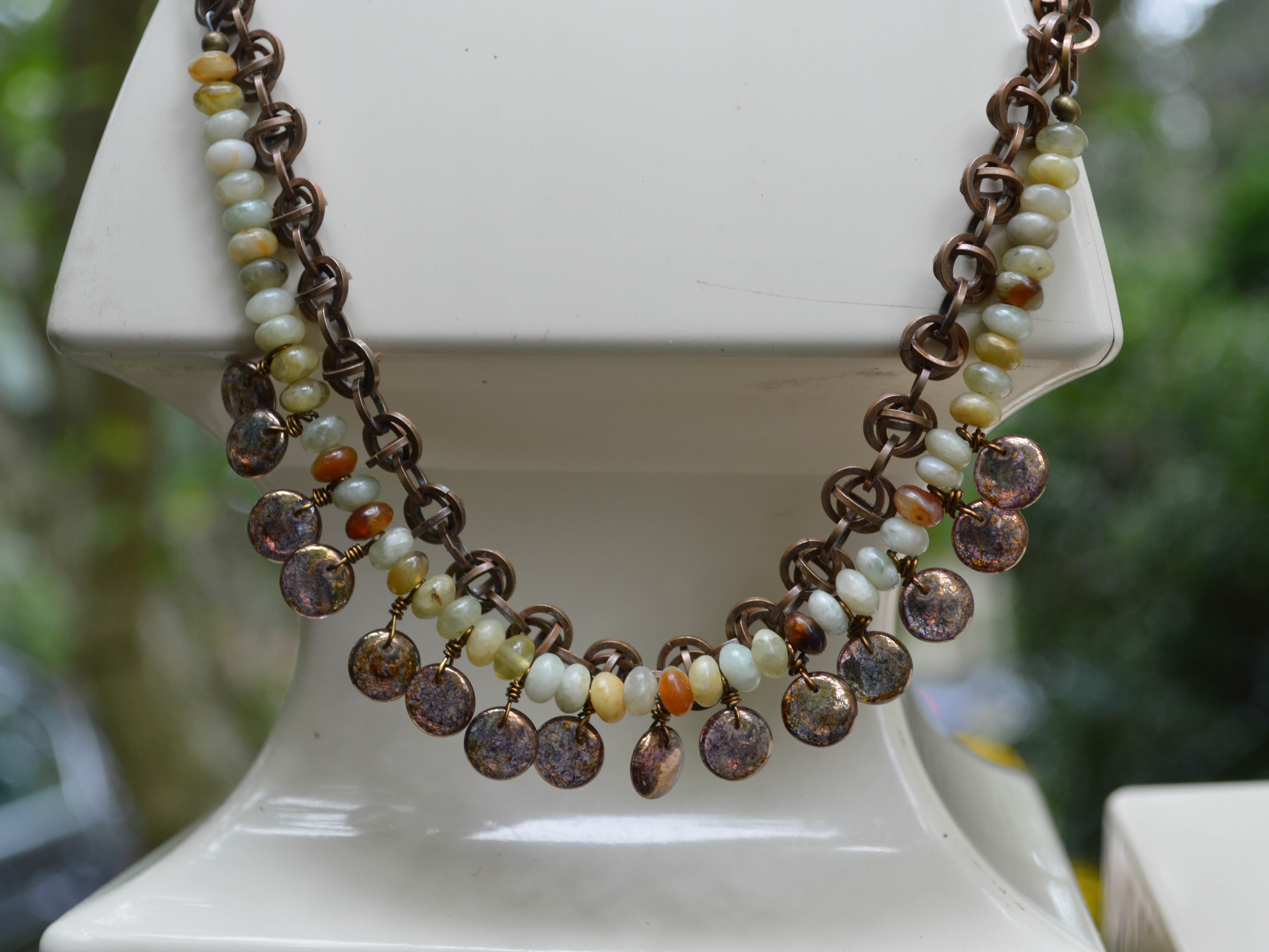 Bronze Orbital Chainmaille Necklace with Old Jade and Bronze Beads