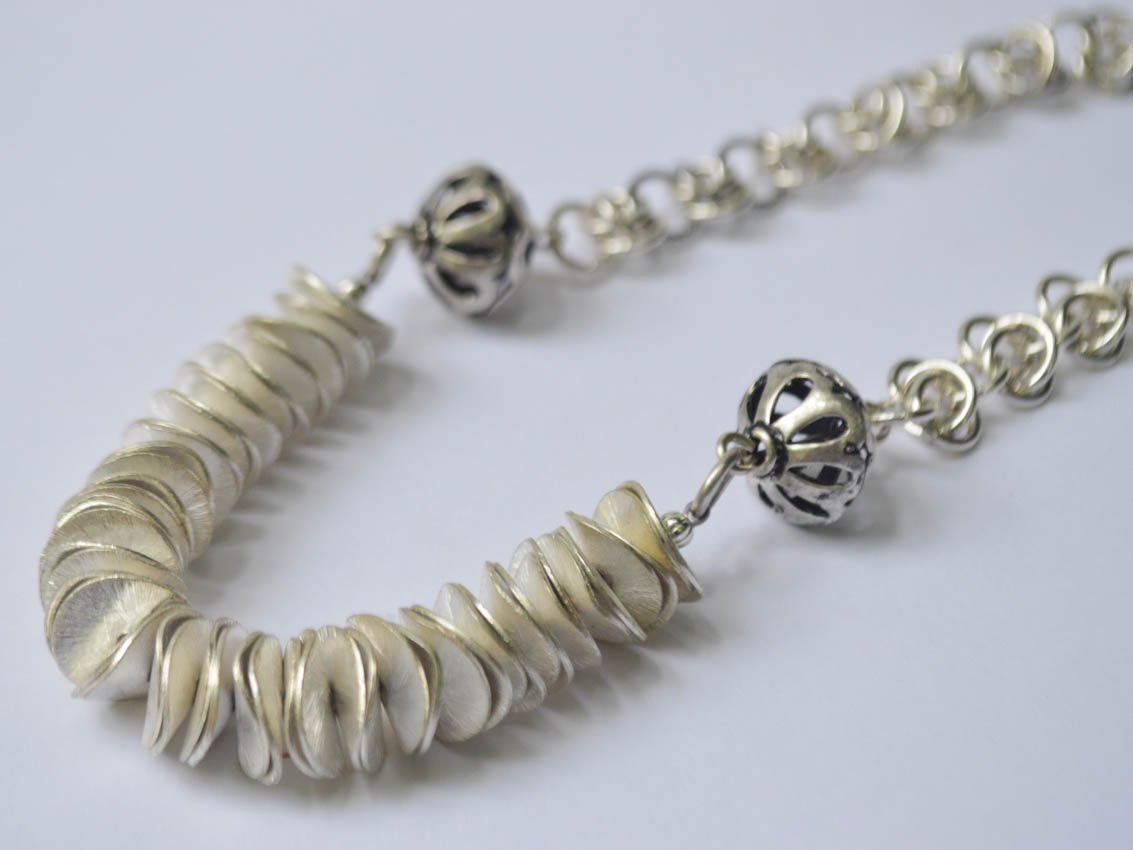 Silver Wavy Bead Necklace with Sterling Silver Chainmaille in Back