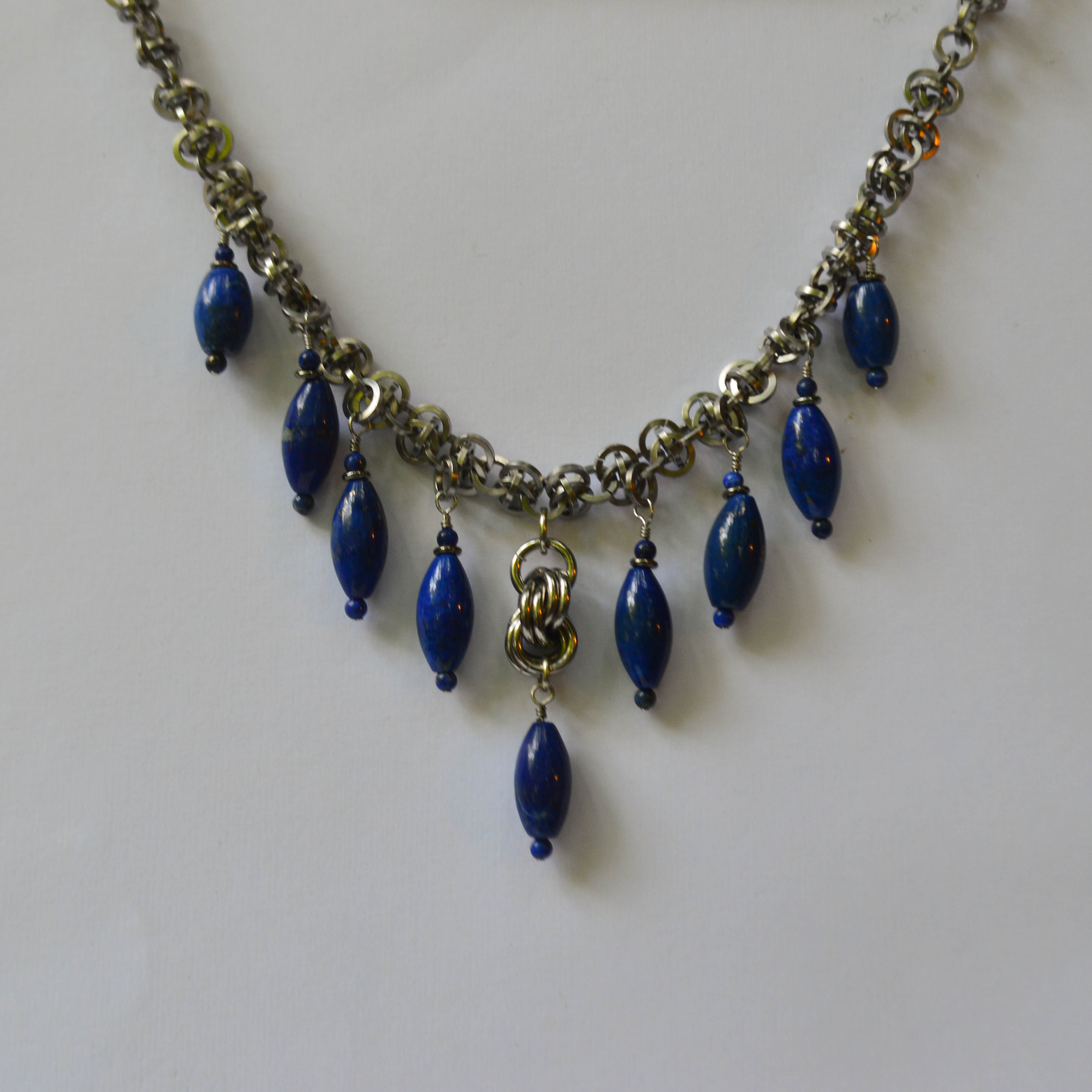 Stainless Steel Necklace with Lapis Drops