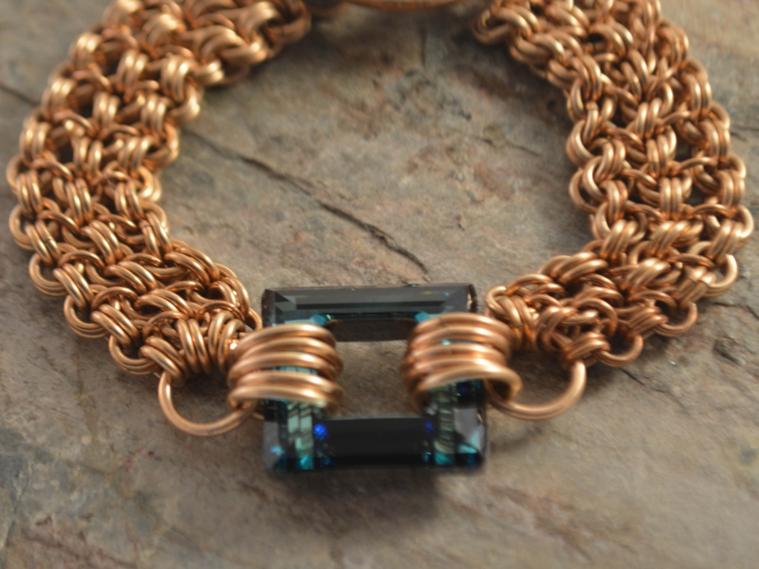 Bronze Japanese Chainmaille Weave Bracelet with Blue Swarovski Link