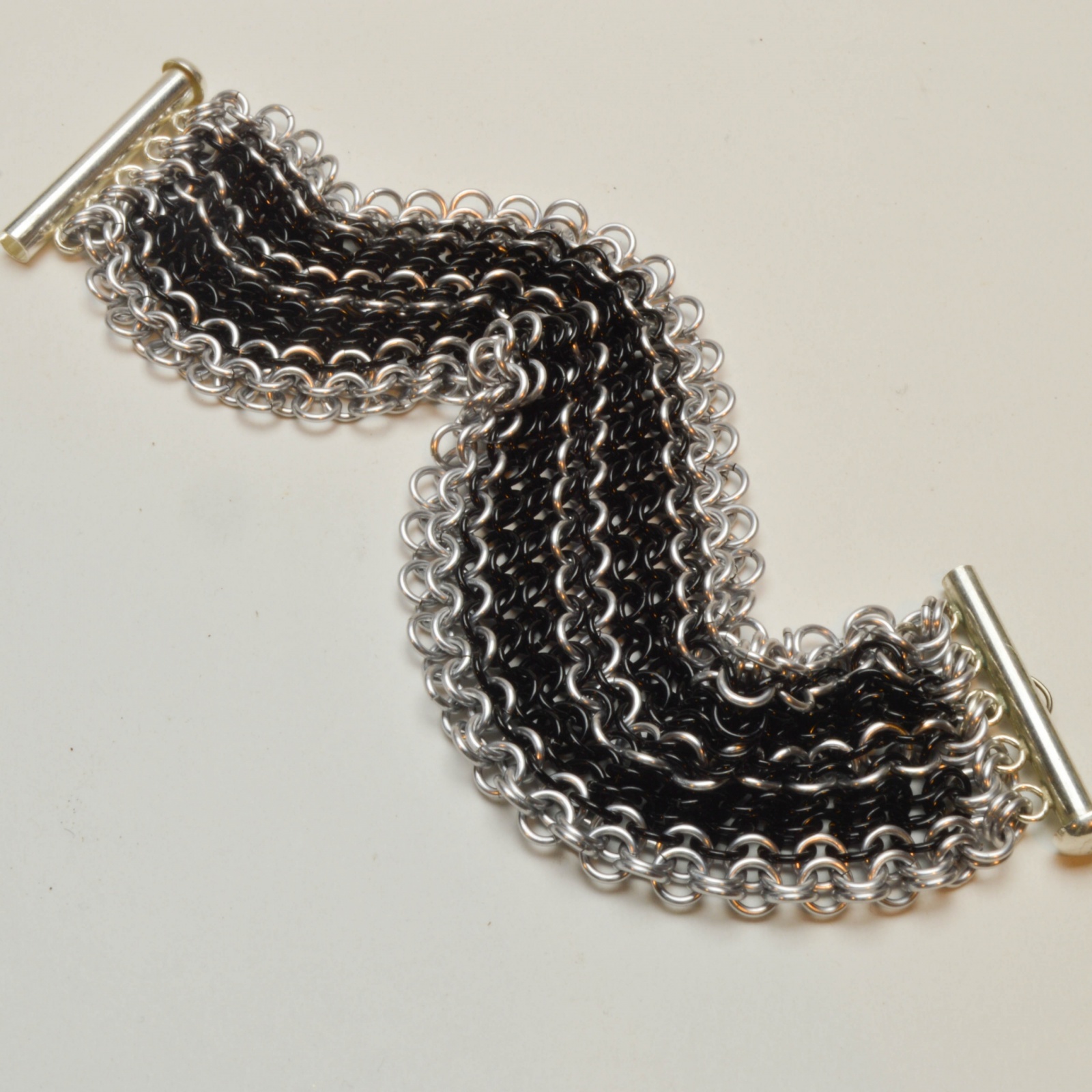 Black and Silver Anodized Aluminum Wide Chainmaille Bracelet